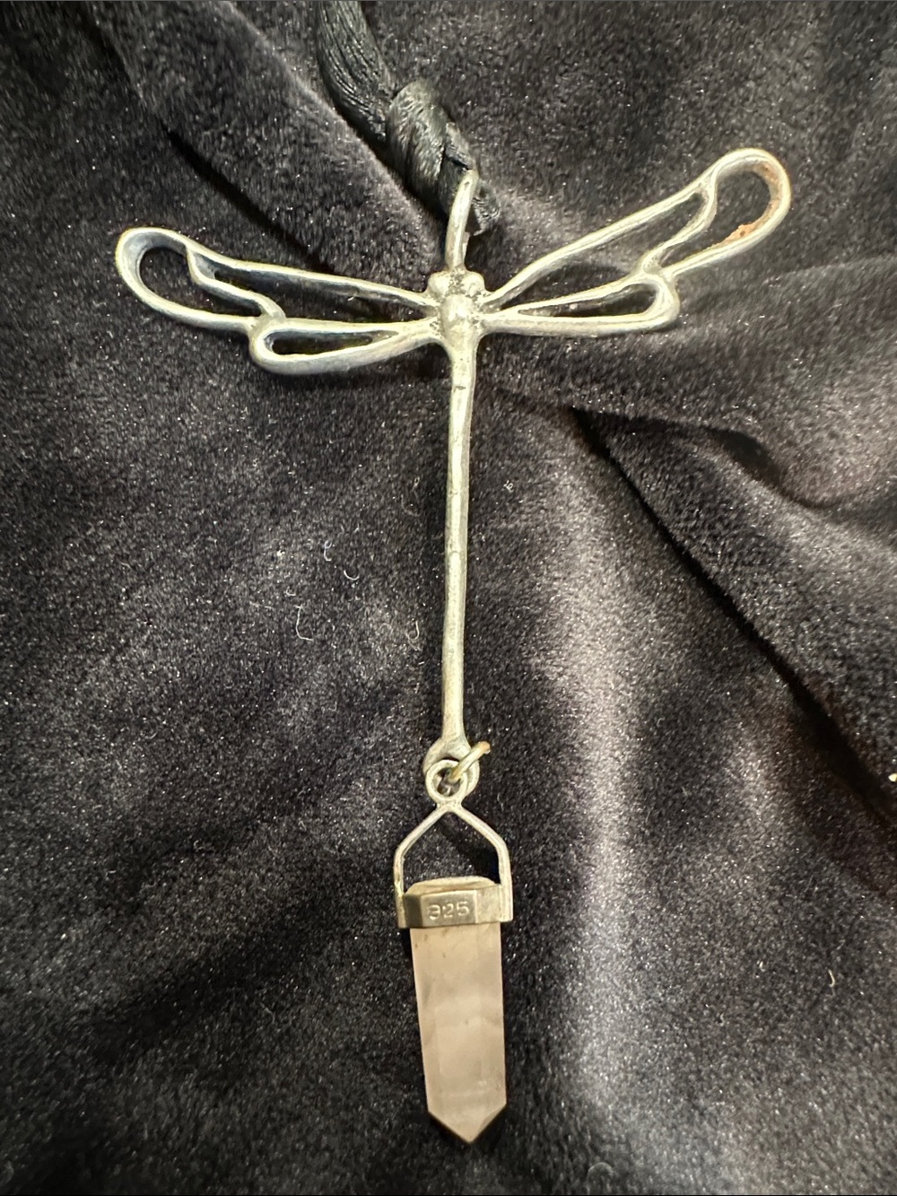 Dragonfly Crystal Drop Necklace in Black with Rose Quartz Accent